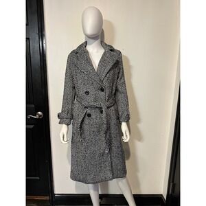 Montgomery Post Herringbone Double Breasted Trench Coat Belted Long Overcoat